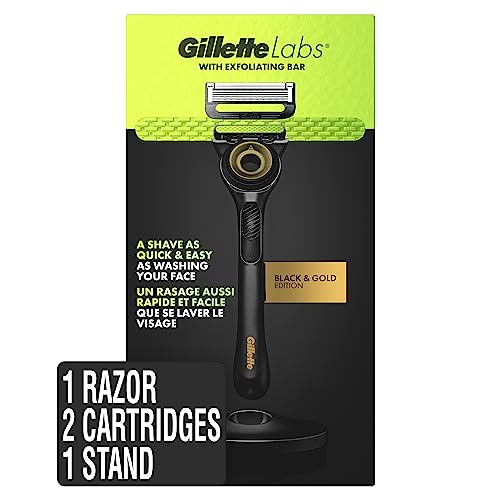 Gillette Labs Mens Razor with Exfoliating Bar, Shaving Kit for Men, Includes 1 Handle, 2 Razor Blade Refills, 1 Premium Magnetic Stand, Black and Gold, Razor for men