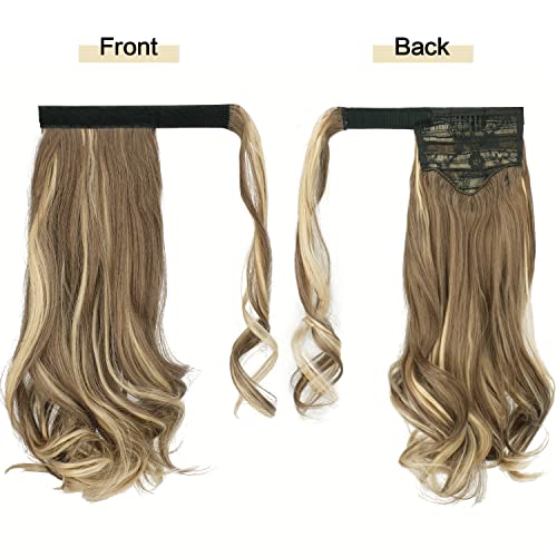 SOFEIYAN Curly Ponytail Extension 15 Inch Heat Resistant Synthetic Natural Wavy Hairpiece Wrap Around Pony Tail Hair Extensions for White Black Women Hair Piece, Ash Brown Highlighted Bleach Blonde - Image 2