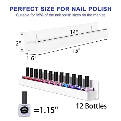 FEMELI Nail Polish Wall Rack: 6 Shelves 15 Inch White Acrylic Nail Polish Holder Organizer for 66-90 Bottles, Multi-Purpose Acrylic Floating Shelves (15 Inch, White) - Image 3