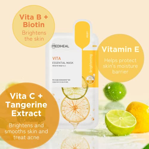 MEDIHEAL Best Korean Sheet Mask - Vita Essential Face Mask 10 Sheets Vitamin Mask For All skin types Smoothing Tightening Toning up Brightening - Image 3