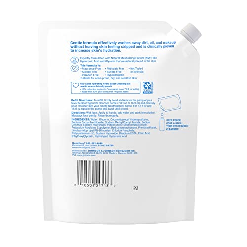 Neutrogena Hydro Boost Fragrance Free Hydrating Gel Facial Cleanser with Hyaluronic Acid, Daily Foaming Face Wash & Makeup Remover, Gentle Face Wash, Non-Comedogenic, Refill Pouch, 16 fl. oz - Image 6