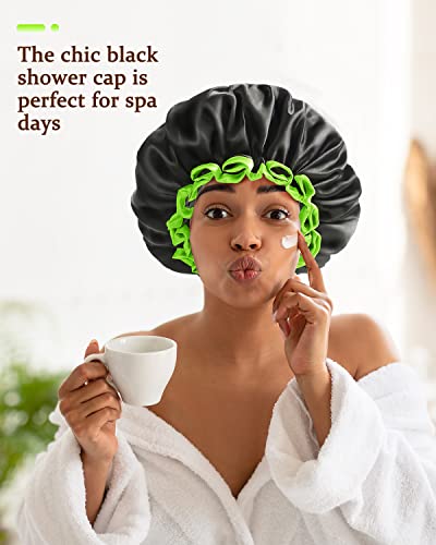 mikimini Black Shower Caps for Small Child 2 Packs, Double Layers Waterproof Bathing Hair Cap with Reusable Soft Comfortable PEVA Lining, Cute, non-fading & Stretchy Shower Hat - Image 5