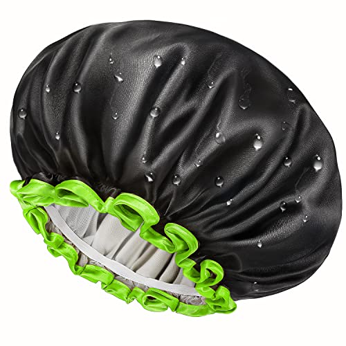 mikimini Black Shower Caps for Small Child 2 Packs, Double Layers Waterproof Bathing Hair Cap with Reusable Soft Comfortable PEVA Lining, Cute, non-fading & Stretchy Shower Hat - Image 8