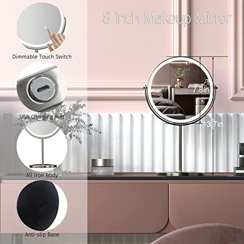 8" Lighted Makeup Mirror with Magnification, 1X/10X Magnifying Lighted Vanity Mirror, Double Sided 360 Swivel USB Rechargeable, 3 Colors Dimmable Lightning Mirror with 52 LEDs Brush Nickle - Image 6