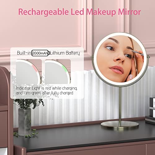 8" Lighted Makeup Mirror with Magnification, 1X/10X Magnifying Lighted Vanity Mirror, Double Sided 360 Swivel USB Rechargeable, 3 Colors Dimmable Lightning Mirror with 52 LEDs Brush Nickle - Image 7