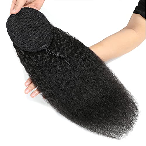 Kinky Straight Ponytails Human Hair 10A Grade Drawstring Ponytail Extension Yaki Straight Clip in Pony Tail for Black Women Natural Black Hair Pieces (18 Inches) - Image 2
