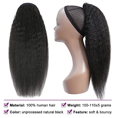 Kinky Straight Ponytails Human Hair 10A Grade Drawstring Ponytail Extension Yaki Straight Clip in Pony Tail for Black Women Natural Black Hair Pieces (18 Inches) - Image 3