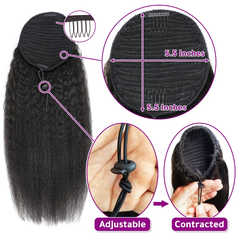 Kinky Straight Ponytails Human Hair 10A Grade Drawstring Ponytail Extension Yaki Straight Clip in Pony Tail for Black Women Natural Black Hair Pieces (18 Inches) - Image 4