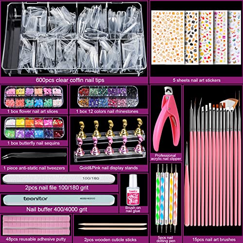 Teenitor Acrylic Fake Nails Kit, Press On Nail Supplies with Clear Coffin Nail Tips Nail Stand Nail Art Brushes Dotting Pen Glitter Sequins Sticker Rhinestones Nail Decorations Press On Nails Kit - Image 6