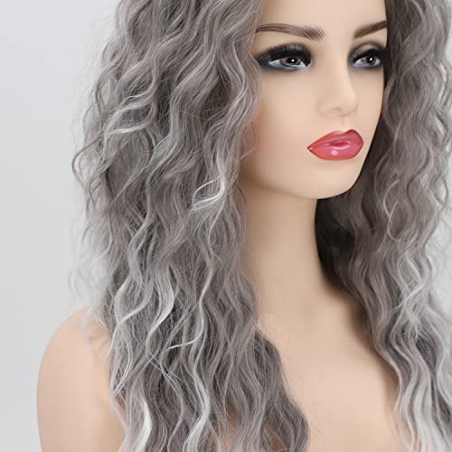Fencca Grey Long Curly Wig Synthetic Mixed Gray Wave Curly Wigs for Women Free Part Full Curly Wig Layered Long Wavy Grey Wig - Image 2