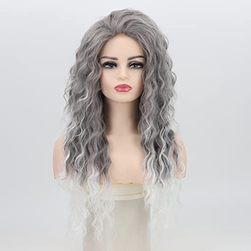 Fencca Grey Long Curly Wig Synthetic Mixed Gray Wave Curly Wigs for Women Free Part Full Curly Wig Layered Long Wavy Grey Wig - Image 3