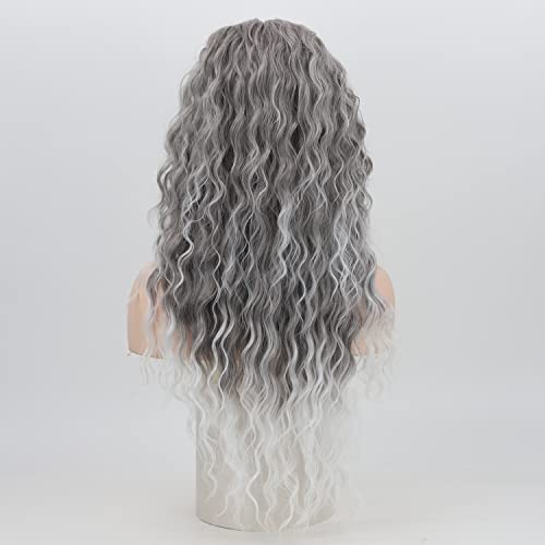 Fencca Grey Long Curly Wig Synthetic Mixed Gray Wave Curly Wigs for Women Free Part Full Curly Wig Layered Long Wavy Grey Wig - Image 4