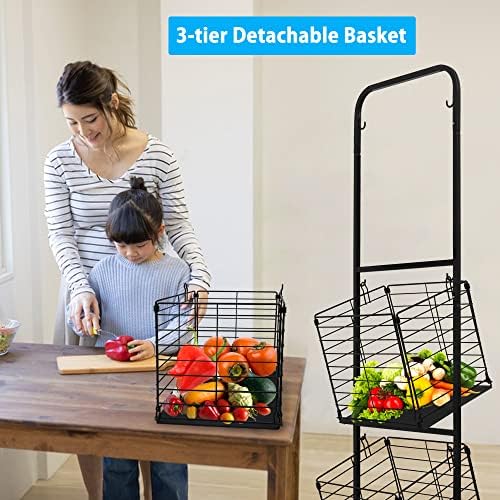3-Tier Fruit Basket Stand for Kitchen, Wire Market Basket Food Storage Stand with Wheels, Vegetable Produce Pantry Basket Organizer - Image 2