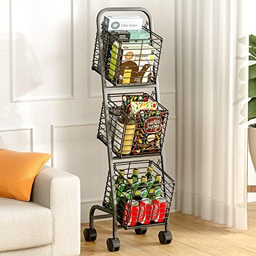 3-Tier Fruit Basket Stand for Kitchen, Wire Market Basket Food Storage Stand with Wheels, Vegetable Produce Pantry Basket Organizer - Image 3