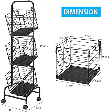 3-Tier Fruit Basket Stand for Kitchen, Wire Market Basket Food Storage Stand with Wheels, Vegetable Produce Pantry Basket Organizer - Image 7
