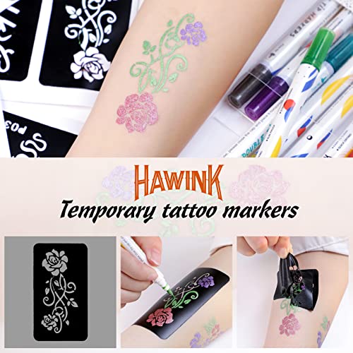 HAWINK Temporary Tattoo Markers for Skin, 10 Body Markers + 56 Large Tattoo Stencils for Kids and Adults, Dual-End Tattoo Pens Make Bold and Fine Lines with Cosmetic-Grade Tattoo Ink ZYH2208001KIT - Image 4