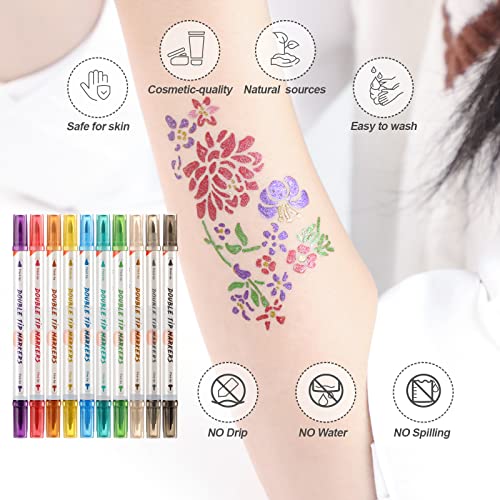 HAWINK Temporary Tattoo Markers for Skin, 10 Body Markers + 56 Large Tattoo Stencils for Kids and Adults, Dual-End Tattoo Pens Make Bold and Fine Lines with Cosmetic-Grade Tattoo Ink ZYH2208001KIT - Image 7
