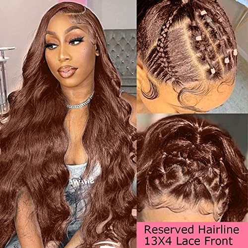 200% Density 13x4 Auburn Brown Body Wave Lace FrontWigs Chestnut Brown Colored Human HairWigs For WomenHD Transparent Lace FrontWig Human Hairwith Baby Hair(24 Inch,13x4 BrownLace Front Wig HumanHair) - Image 3