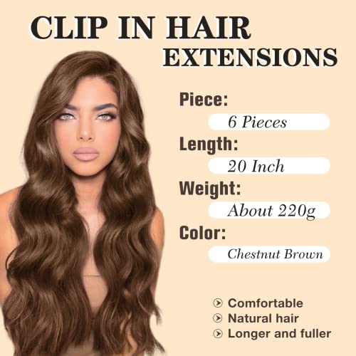 NAYOO Clip in Hair Extensions for Women 20 Inch Long Wavy Curly Chestnut Brown Hair Extension Full Head Synthetic Hair Extension Hairpieces(6PCS,Chestnut Brown) - Image 2