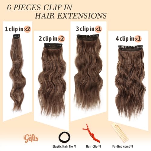 NAYOO Clip in Hair Extensions for Women 20 Inch Long Wavy Curly Chestnut Brown Hair Extension Full Head Synthetic Hair Extension Hairpieces(6PCS,Chestnut Brown) - Image 3