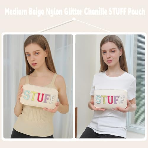 Preppy Stuff Makeup Bag for Purse Medium Glitter Chenille Cosmetic Pouch Travel Toiletry Bag for Women with Zipper Pocket (M, Beige-Stuff) - Image 2
