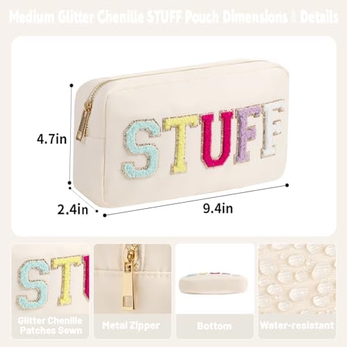 Preppy Stuff Makeup Bag for Purse Medium Glitter Chenille Cosmetic Pouch Travel Toiletry Bag for Women with Zipper Pocket (M, Beige-Stuff) - Image 5