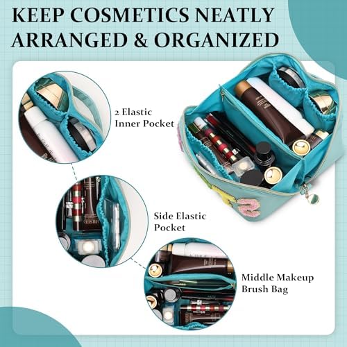 Stoney Clover Preppy Makeup Bag, Large Capacity Travel Cosmetic Bag, Chenille Letter Open Flat Nylon Bag, Mint - Image 2