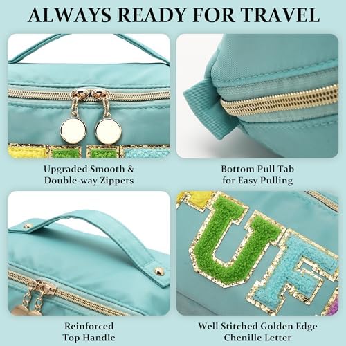 Stoney Clover Preppy Makeup Bag, Large Capacity Travel Cosmetic Bag, Chenille Letter Open Flat Nylon Bag, Mint - Image 3