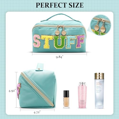 Stoney Clover Preppy Makeup Bag, Large Capacity Travel Cosmetic Bag, Chenille Letter Open Flat Nylon Bag, Mint - Image 5
