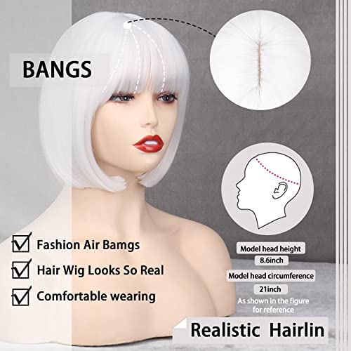 WERD Short White Bob Wig Bangs Straight White Wig for Women Natural Synthetic Short White Wig Bangs for Daily Party Cosplay Halloween - Image 3