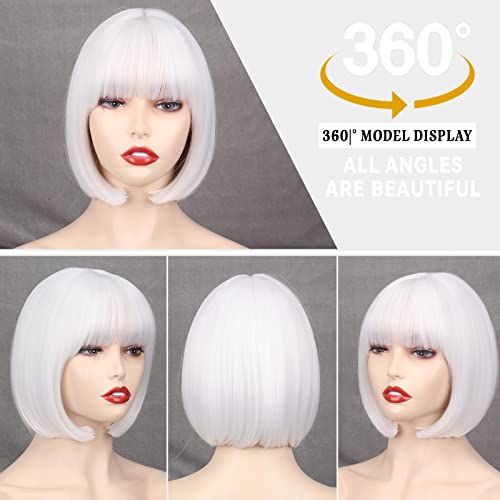 WERD Short White Bob Wig Bangs Straight White Wig for Women Natural Synthetic Short White Wig Bangs for Daily Party Cosplay Halloween - Image 5