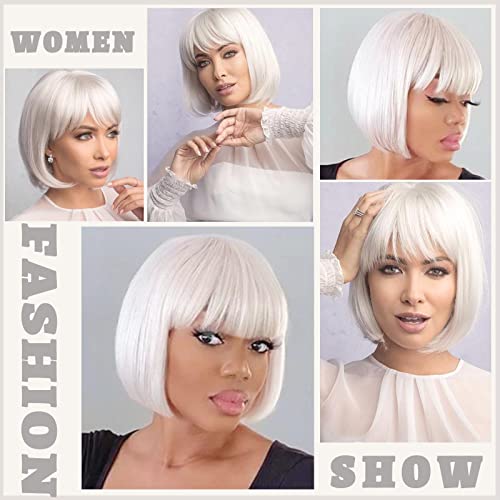 WERD Short White Bob Wig Bangs Straight White Wig for Women Natural Synthetic Short White Wig Bangs for Daily Party Cosplay Halloween - Image 6