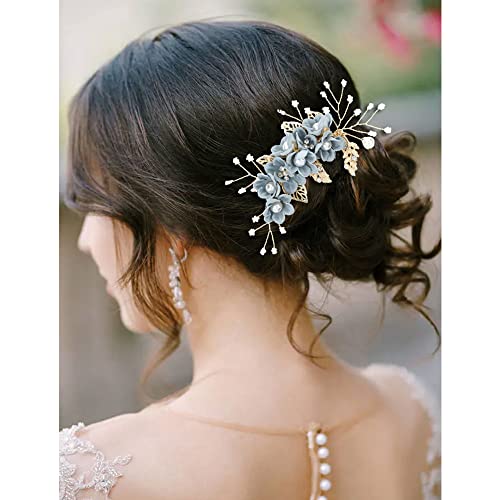 inSowni 20 Pack Classy Dusty Blue Flower Bridal Wedding Hair Side Combs+Floral Hair Pins+Twist Spiral Pearl Hair Pins Clips Pieces Formal Prom Headpieces Accessories for Brides Bridesmaids Women Girls - Image 2