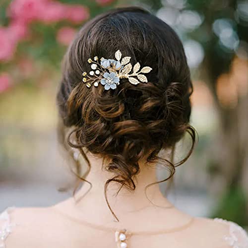 inSowni 20 Pack Classy Dusty Blue Flower Bridal Wedding Hair Side Combs+Floral Hair Pins+Twist Spiral Pearl Hair Pins Clips Pieces Formal Prom Headpieces Accessories for Brides Bridesmaids Women Girls - Image 3
