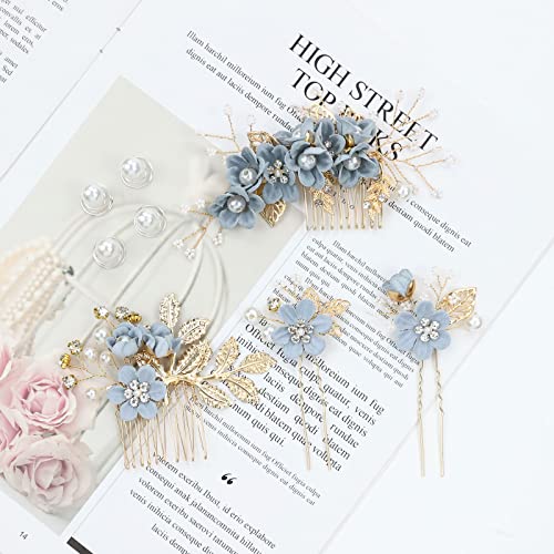 inSowni 20 Pack Classy Dusty Blue Flower Bridal Wedding Hair Side Combs+Floral Hair Pins+Twist Spiral Pearl Hair Pins Clips Pieces Formal Prom Headpieces Accessories for Brides Bridesmaids Women Girls - Image 7