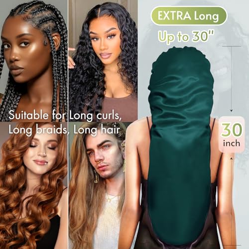 BONNET QUEEN Braid Bonnet Silk Bonnet Foldable Extra Long Bonnet for Braids Satin Bonnet for Sleeping Hair Bonnet with Tie Band Long Sleep Cap Darkish Green - Image 2