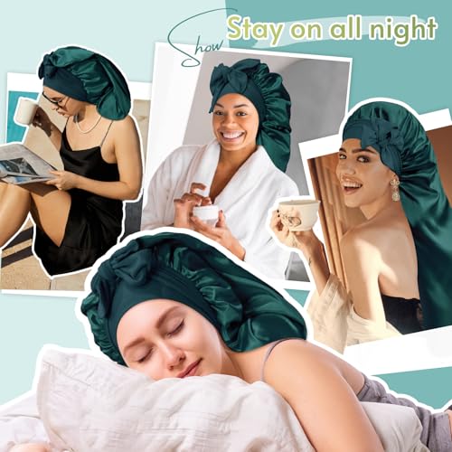 BONNET QUEEN Braid Bonnet Silk Bonnet Foldable Extra Long Bonnet for Braids Satin Bonnet for Sleeping Hair Bonnet with Tie Band Long Sleep Cap Darkish Green - Image 6