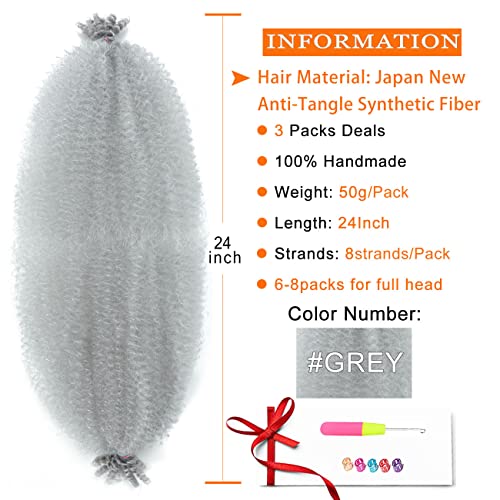 3 Packs Grey Afro Twist Hair 24 Inch Springy Afro Twist Hair Gray Pre-Separated Afro Twist Braiding Hair for Distressed Faux Soft Locs (24 Inch, 3Packs, Gray#) - Image 2
