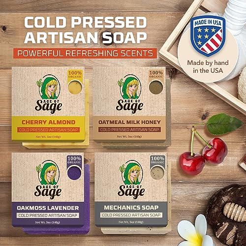 Moisturizing Cold Process Artisan Natural Bar Soap Gift Set for Women - 4pk Honey & Him Scent: Cherry Almond, Oatmeal Milk Honey, Oakmoss Lavender, & Mechanics Soap - Image 2