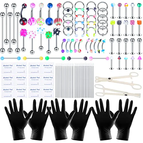 120PCS Body Piercing Kit Surgical Steel 14G 16G 20G BCR CBR Labret Lip Rings Cartilage Daith Earrings Nose Septum Nose Studs Belly Button Rings Piercing Jewelry Needles Gloves Clamps Tools