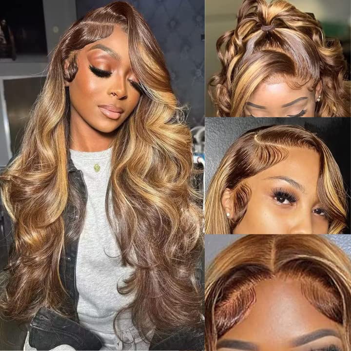 Aicrelery 26 Inch Highlight 13x6 Body Wave HD Transparent Lace Front Wigs Human Hair 4/27 Honey Blonde Body Wave Lace Frontal Wig For Women 180% Density Glueless Ombre Wig Pre Plucked with Baby Hair - Image 2