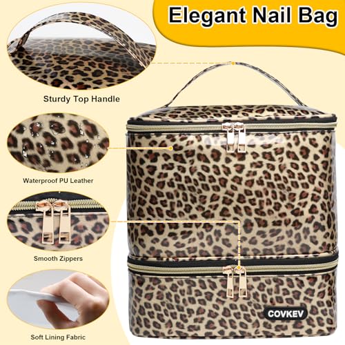 PU Leather Nail Polish Organizer Bag Holds 30 Bottles (15ml - 0.5 fl.oz) & Nail Lamp, Portable Nail Kit Storage Carrying Case, Double Layer Nail Supplies Organizer Handbag (Leopard) - Image 5