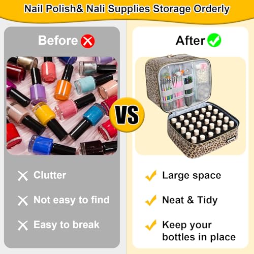 PU Leather Nail Polish Organizer Bag Holds 30 Bottles (15ml - 0.5 fl.oz) & Nail Lamp, Portable Nail Kit Storage Carrying Case, Double Layer Nail Supplies Organizer Handbag (Leopard) - Image 7