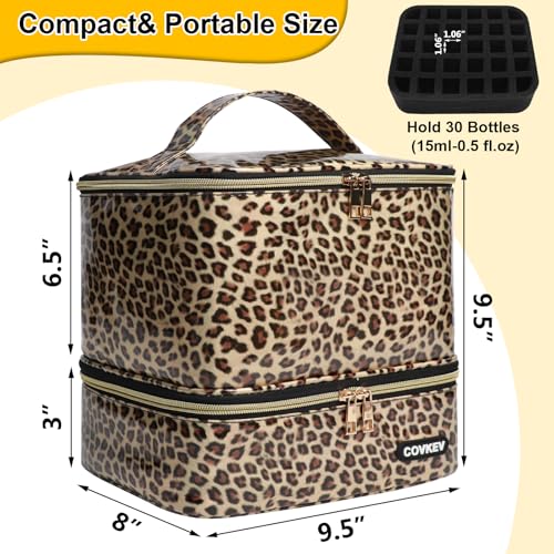 PU Leather Nail Polish Organizer Bag Holds 30 Bottles (15ml - 0.5 fl.oz) & Nail Lamp, Portable Nail Kit Storage Carrying Case, Double Layer Nail Supplies Organizer Handbag (Leopard) - Image 8