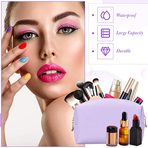 Sanwuta 9 Pcs Preppy Makeup Bag PU Leather Cosmetic Bag Makeup Pouch Plain Waterproof Toiletry Organizers for Traveling Preppy Travel Purse(Purple) - Image 4