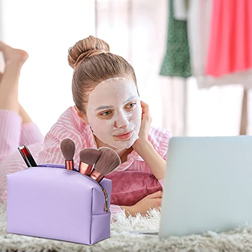 Sanwuta 9 Pcs Preppy Makeup Bag PU Leather Cosmetic Bag Makeup Pouch Plain Waterproof Toiletry Organizers for Traveling Preppy Travel Purse(Purple) - Image 7