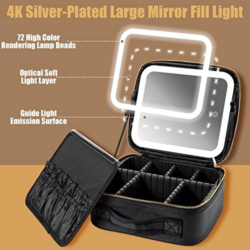 Makeup Travel Bag with LED Lighted Mirror Adjustable Brightness Portable Waterproof Makeup Case with Adjustable Dividers, Make up Train Case Organizer Makeup Brush Accessories and Tool Case - Image 2