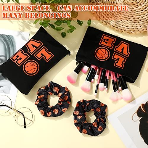24 Basketball Stuff Set Cosmetic Bags Sport Makeup Bags Pencil Case Portable Storage Case Satin Sport Hair Scrunchies Elastic Hair Bands Basketball Gifts Basketball Accessories for Girl (Black, Love) - Image 6