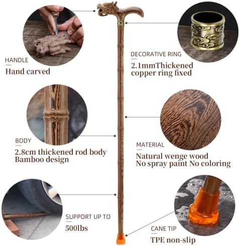 Wooden Cane, Hand Carved High-end Walking Cane for Men and Women, Lightweight Design Support Up to 500lbs Dragon Canes for Seniors, Suitable for Discerning Personal and Gift Use - Image 4