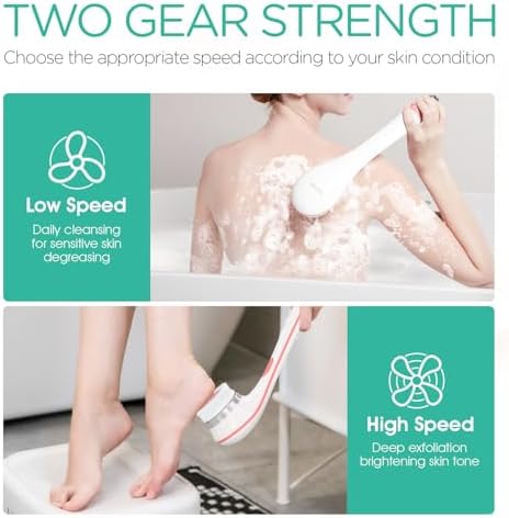 VOYOR Electric Body Brush Back Scrubber for Shower Rechargeable Exfoliating Bath Brush Powered Shower Brush with Non-Slip Long Handle Deep Cleansing, Exfoliation, Massaging Spin Brush BC100 (Pink) - Image 4